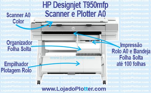 Multifuncional de Grande Formato HP DesignJet T950mfp (2Y9H3A) Plotter e Scanner A0 Color